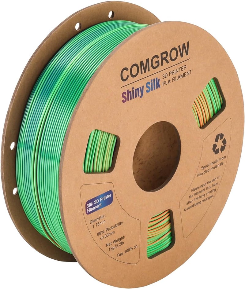 Comgrow Tri-Colors Silk PLA 3D Printer Filament, Rainbow PLA Filament 1.75mm, Dimensional Accuracy +/- 0.02 mm, 1KG Spool, Coextrusion 3D Filament with Shiny Silk Blue-Green-Orange - Image 2